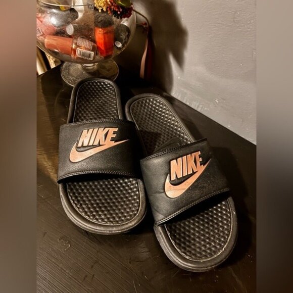 Nike Benassi Black and Gold Slide Sandals - Picture 1 of 4